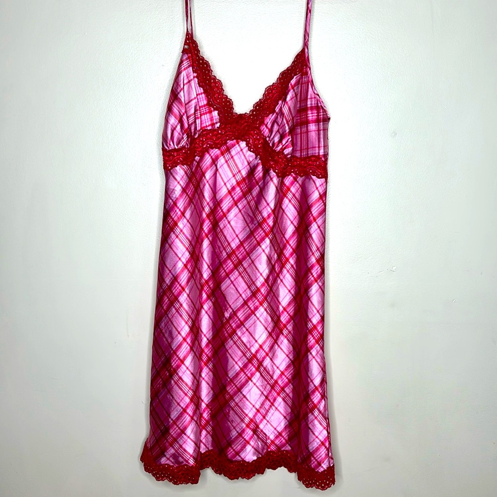Jaclyn Smith | Pink & Red Plaid Satin Lingerie | Nightgown | Sleepwear | Lace